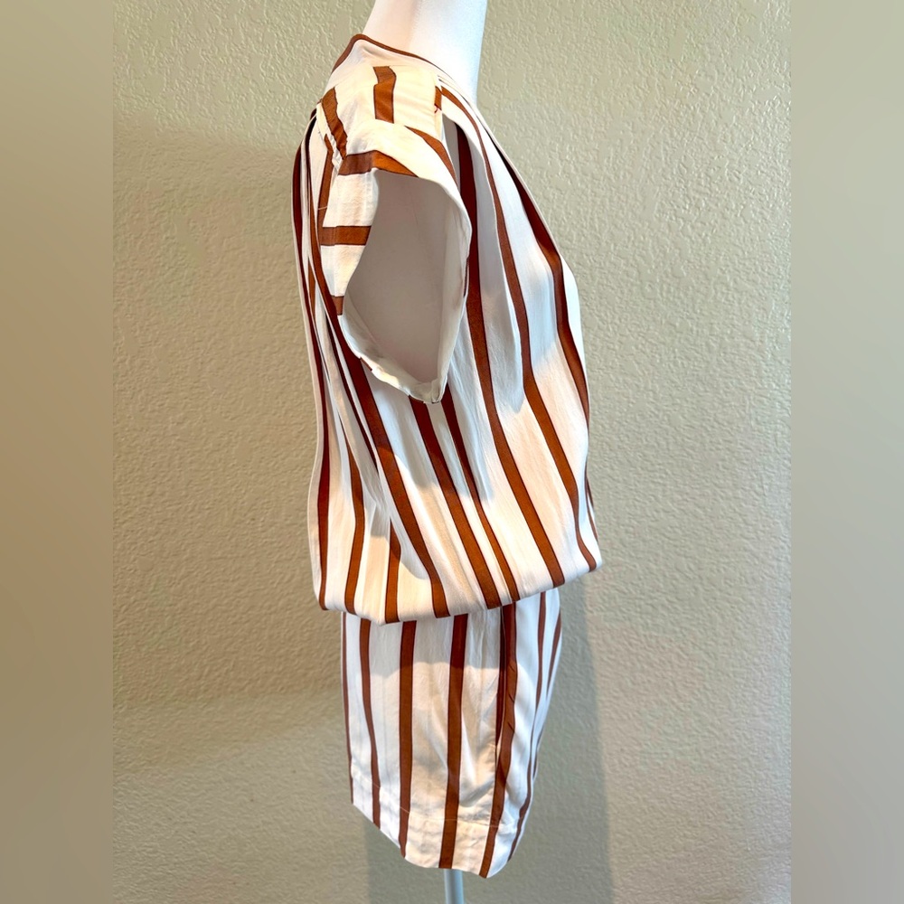 Zara Basics Drop Waist V-Neck Cream/Brown Striped Dress - Size Small - Picture 7 of 16